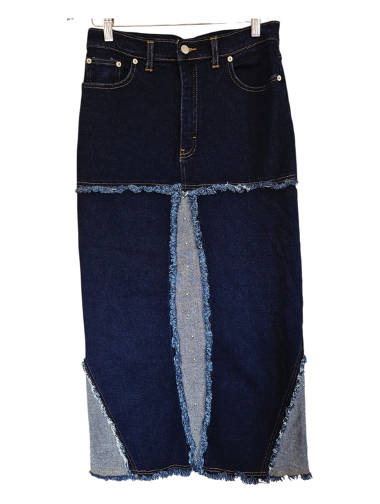 Ice Cool Collection Dresses & Skirts - Ice Cool Collections Denim Fringe Rough Patched Maxi Skirt With Rivets Size 12